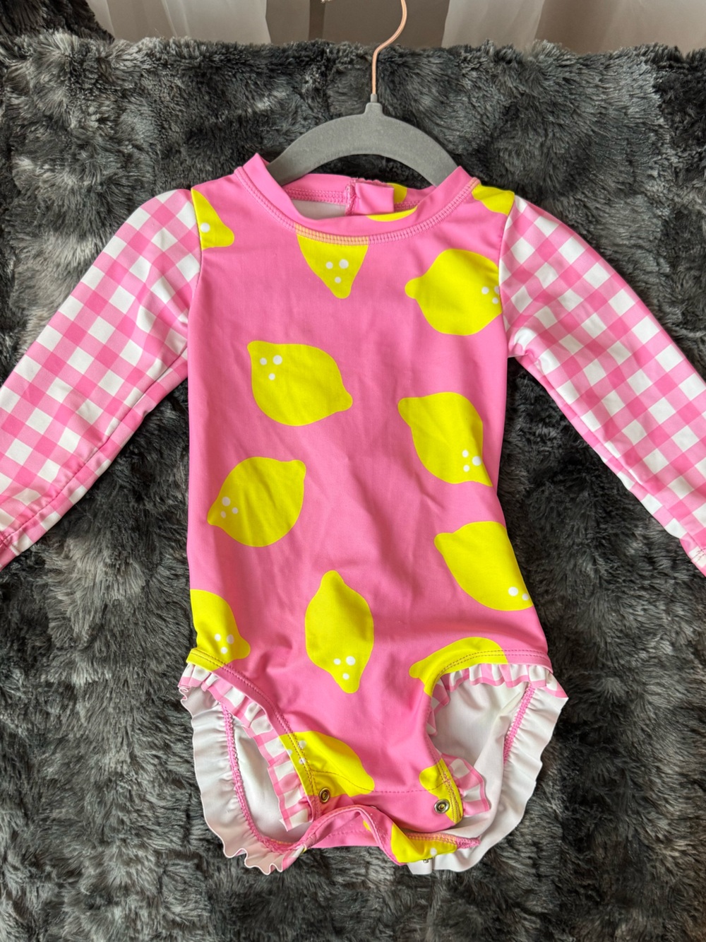 Girls' Pink Lemon Print One-Piece Swimsuit with Gingham Sleeves